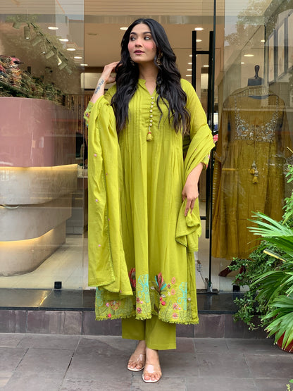 Olive Green Embroidered Chanderi Silk Kurta Set With Dupatta