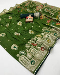 Wedding Wear Olive Green Maslin Silk Saree With Pallu