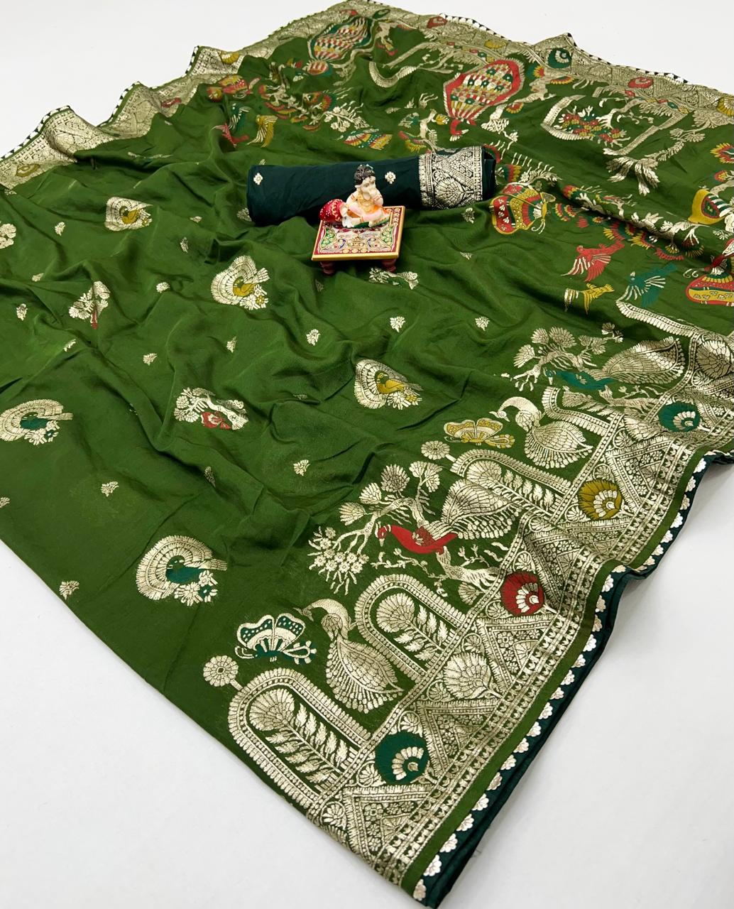 Wedding Wear Olive Green Maslin Silk Saree With Pallu for Women