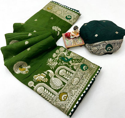 Wedding Wear Olive Green Maslin Silk Saree With Pallu for Women