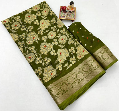 Elegant Olive Green Floral Georgette Saree With Zari Border for Women