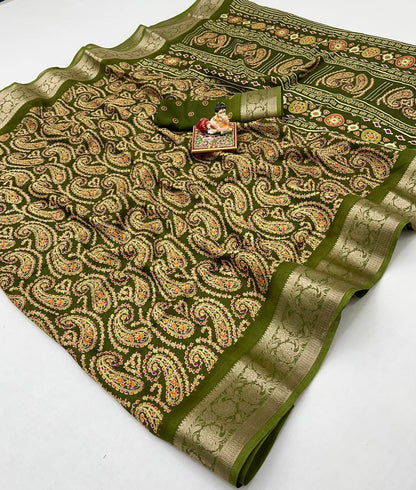 Olive Paisley Moss Georgette Saree With Zari Border for Women