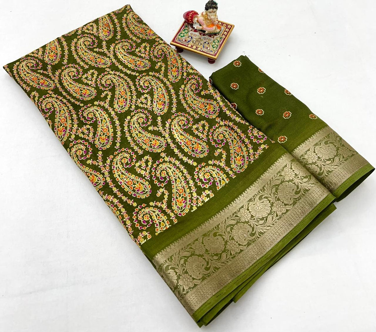 Olive Paisley Moss Georgette Saree With Zari Border for Women