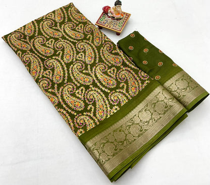 Olive Paisley Moss Georgette Saree With Zari Border for Women