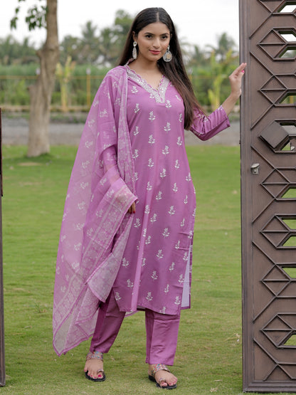 Onion Pink Printed Kurti Pant Dupatta Set for Women