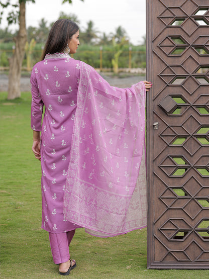 Onion Pink Printed Kurti Pant Dupatta Set for Women