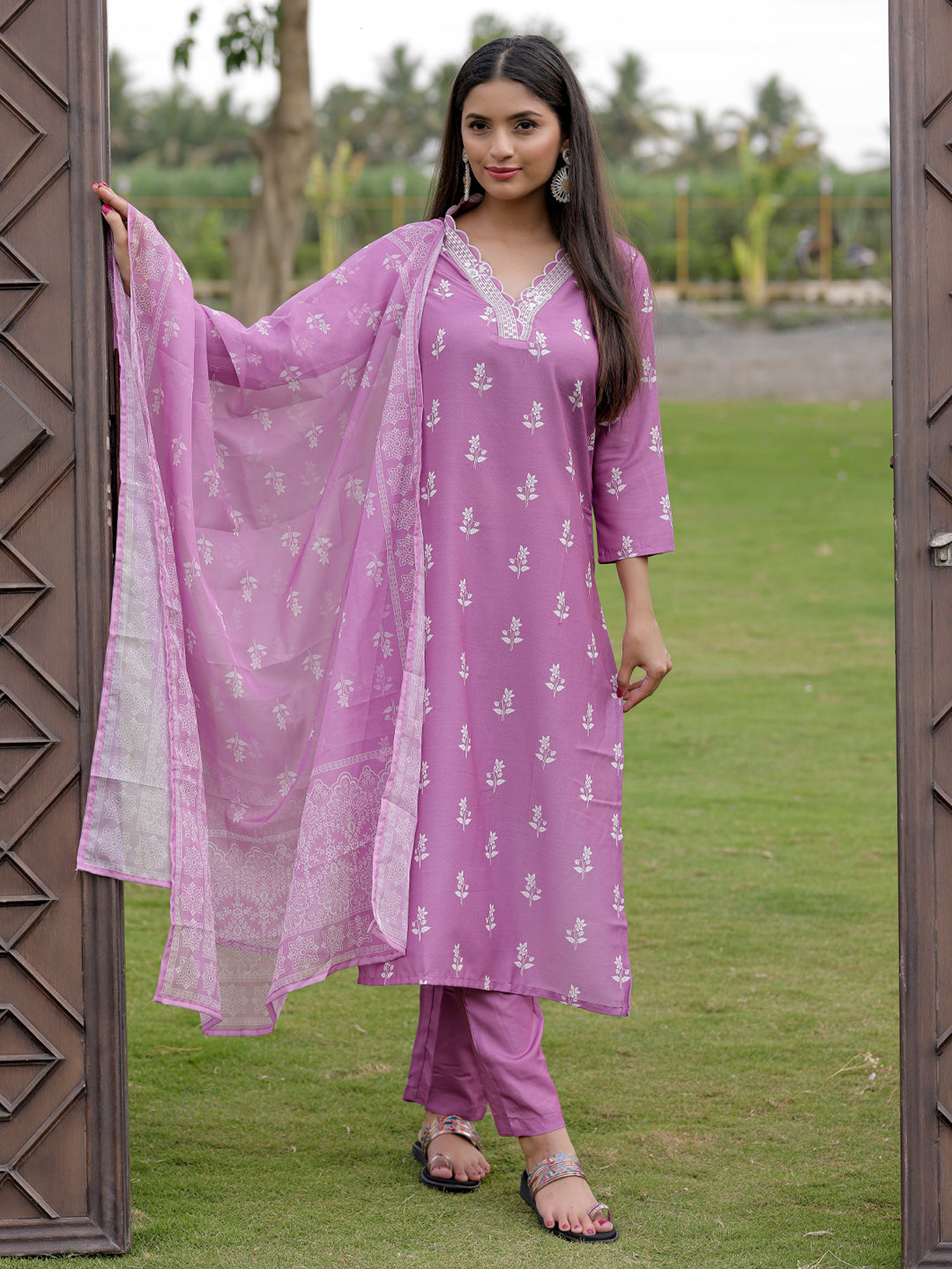 Onion Pink Printed Kurti Pant Dupatta Set for Women