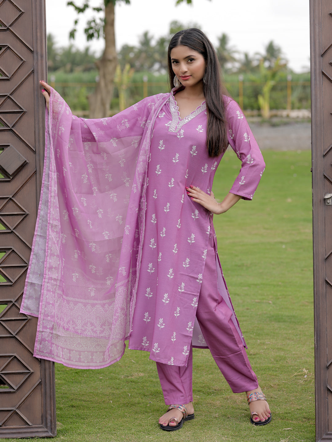Onion Pink Printed Kurti Pant Dupatta Set for Women