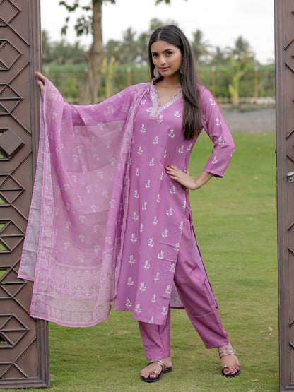 Onion Pink Printed Kurti Pant Dupatta Set for Women