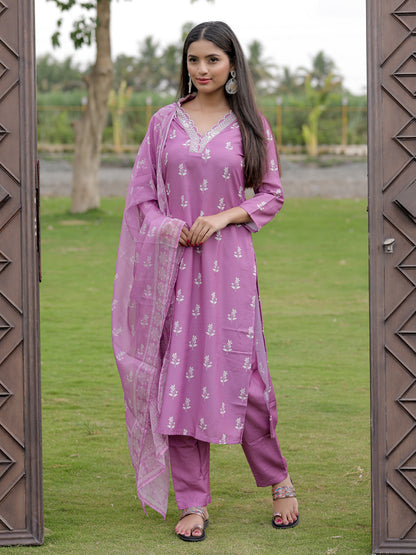 Onion Pink Printed Kurti Pant Dupatta Set for Women