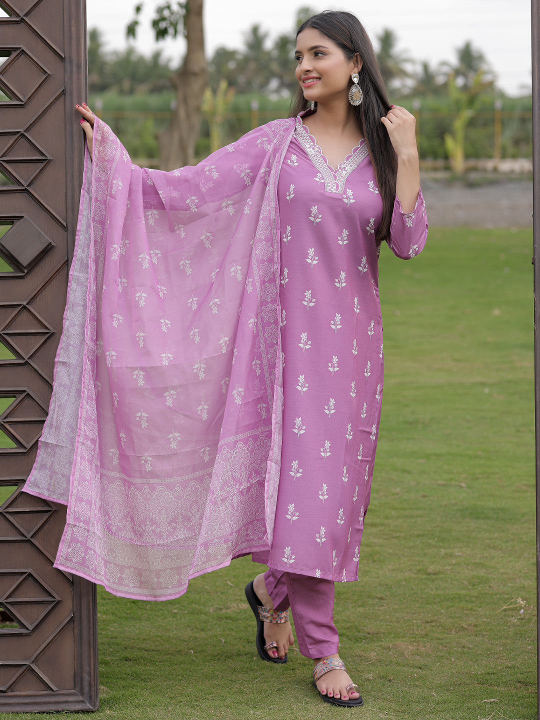 Onion Pink Printed Kurti Pant Dupatta Set for Women