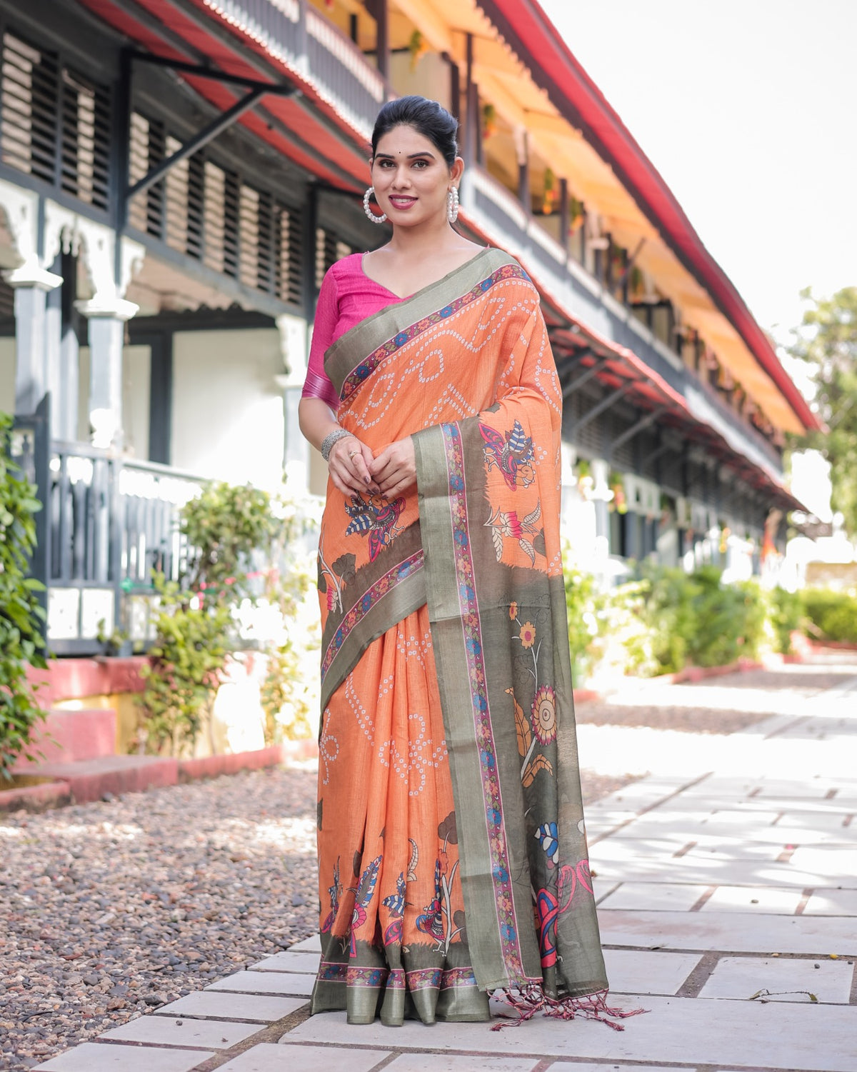 Orange Bandhani Kalamkari Linen Cotton Saree for Women