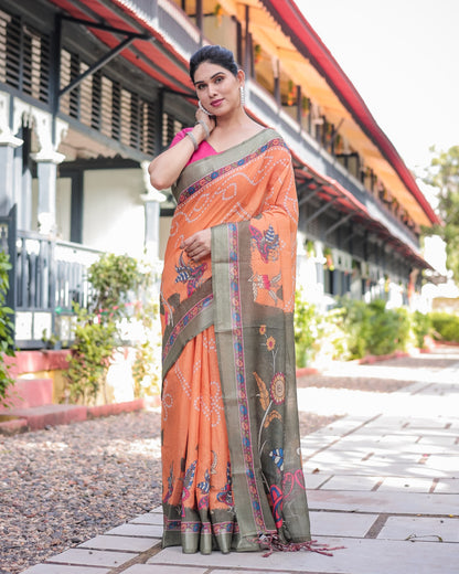 Orange Bandhani Kalamkari Linen Cotton Saree for Women