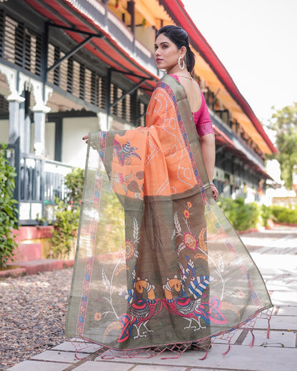 Orange Bandhani Kalamkari Linen Cotton Saree for Women