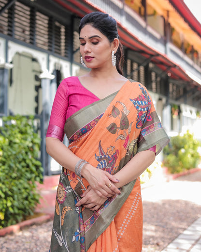 Orange Bandhani Kalamkari Linen Cotton Saree for Women