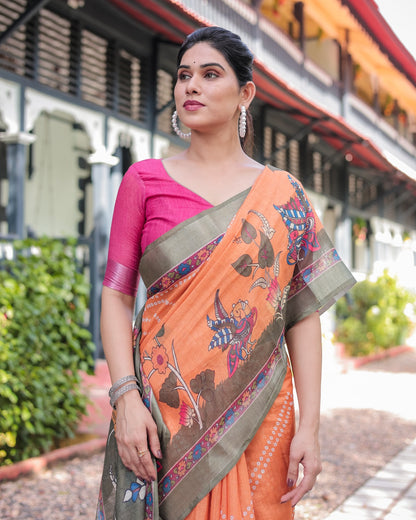 Orange Bandhani Kalamkari Linen Cotton Saree for Women