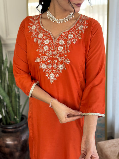 Orange Embroidered Chinon Kurta Set with Dupatta for Women