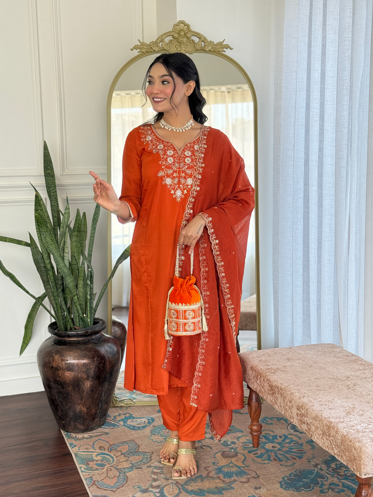Orange Embroidered Chinon Kurta Set with Dupatta for Women