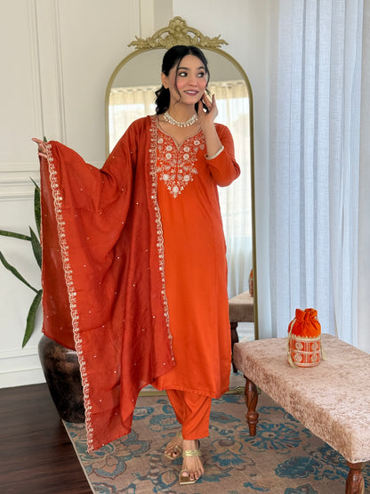Orange Embroidered Chinon Kurta Set with Dupatta for Women