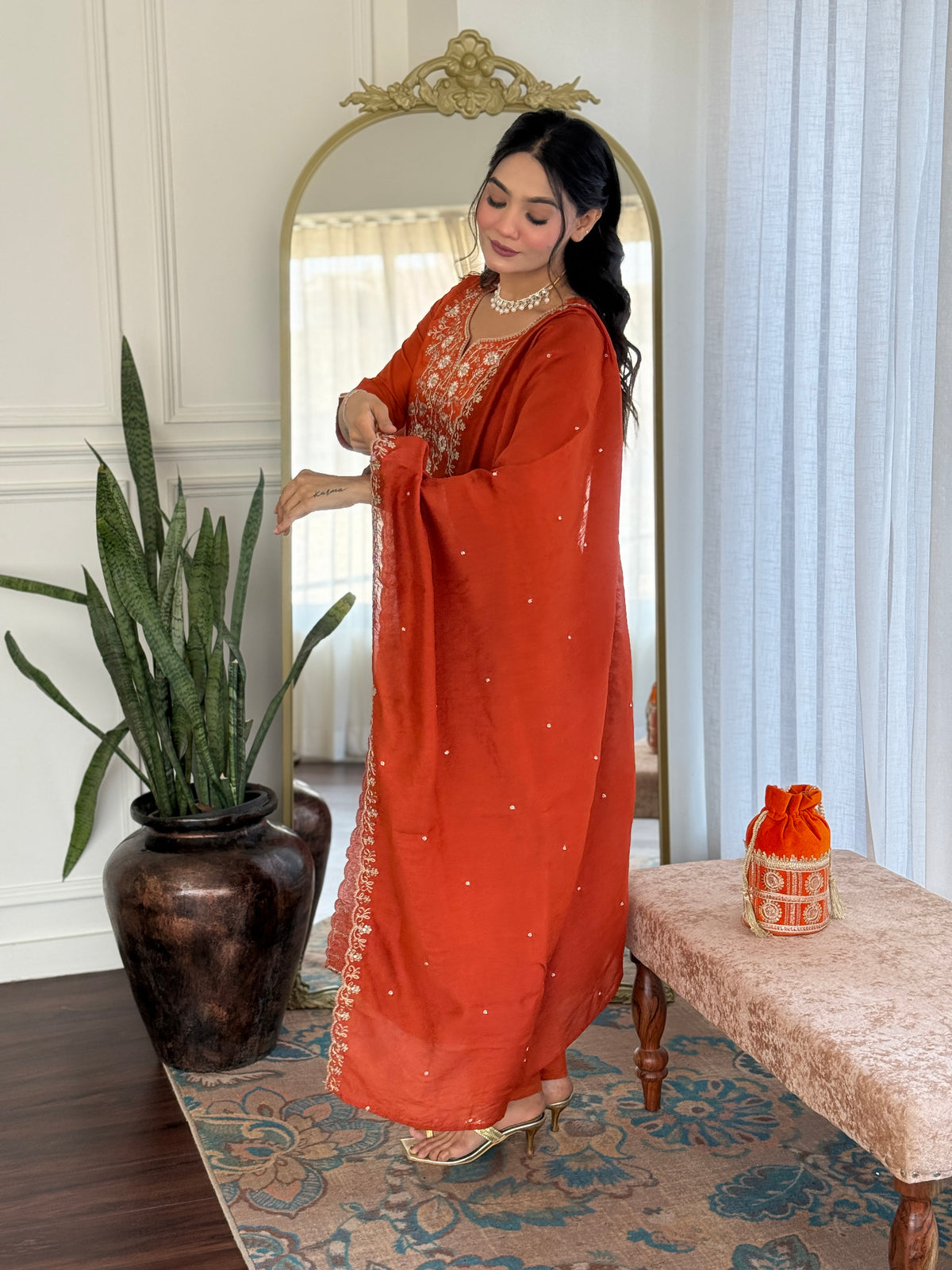 Orange Embroidered Chinon Kurta Set with Dupatta for Women