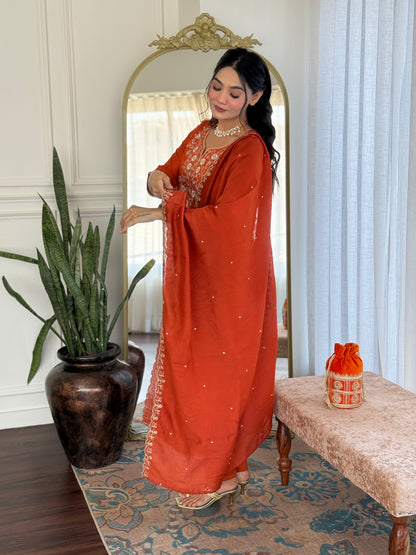 Orange Embroidered Chinon Kurta Set with Dupatta for Women