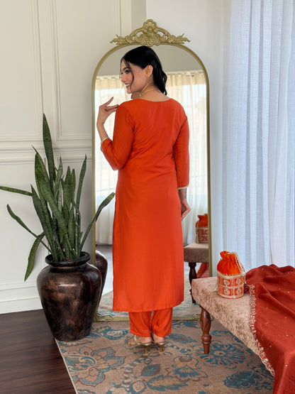 Orange Embroidered Chinon Kurta Set with Dupatta for Women