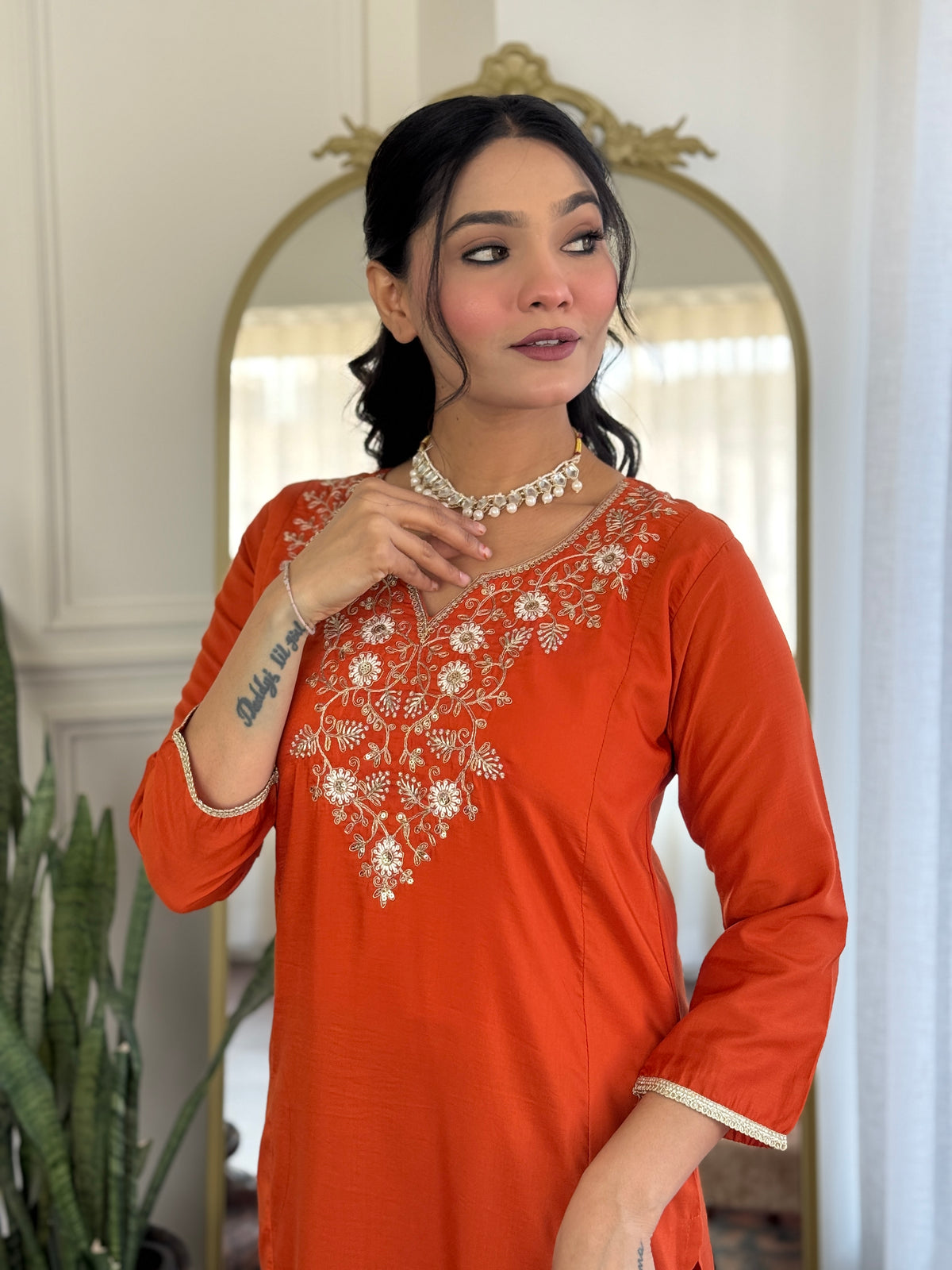 Orange Embroidered Chinon Kurta Set with Dupatta for Women