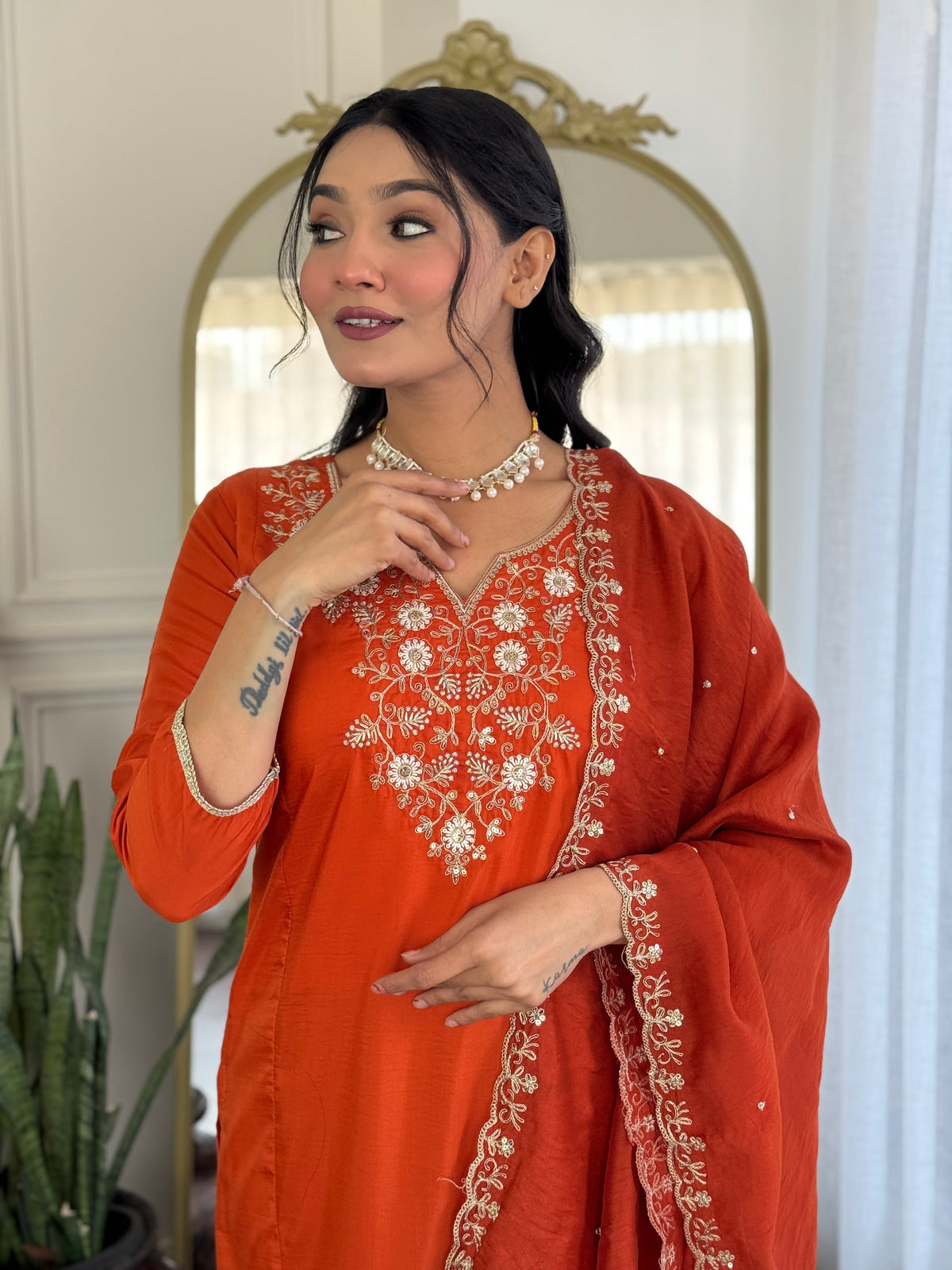 Orange Embroidered Chinon Kurta Set with Dupatta for Women