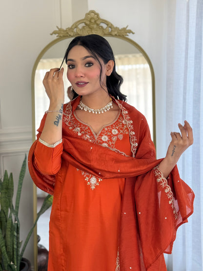 Orange Embroidered Chinon Kurta Set with Dupatta for Women