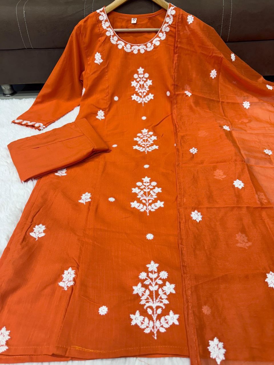 Orange Embroidered Kurta Pant Dupatta Set for Women