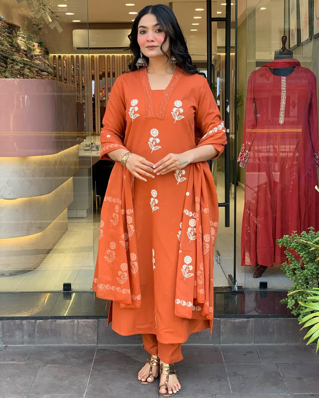 Orange Embroidered Kurti Pant Dupatta Set Online