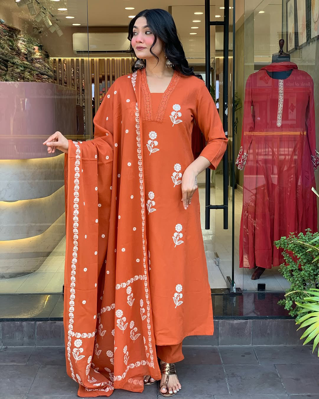 Orange Embroidered Kurti Pant Dupatta Set for Women