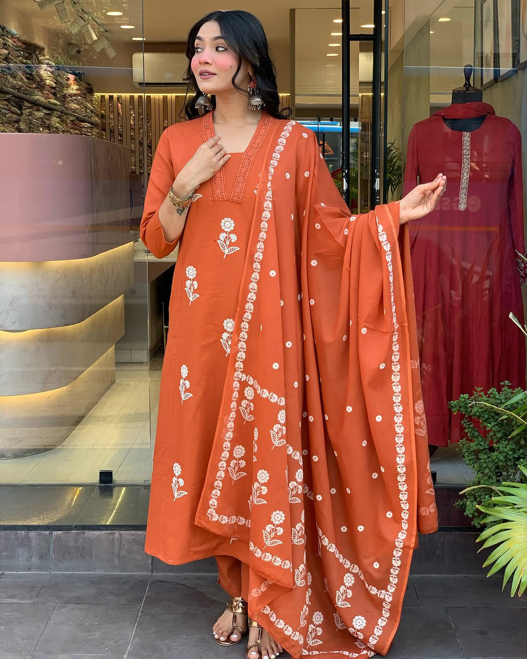 Orange Embroidered Kurti Pant Dupatta Set for Women
