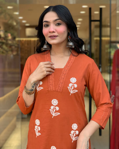 Orange Embroidered Kurti Pant Dupatta Set for Women