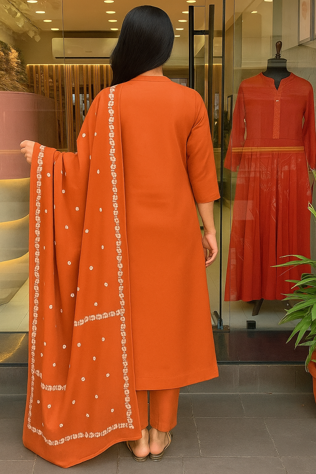 Orange Embroidered Kurti Pant Dupatta Set for Women