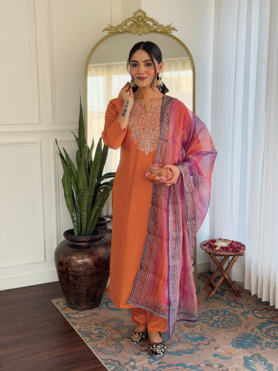 Orange Embroidered Rayon Kurta Set with Designer Dupatta