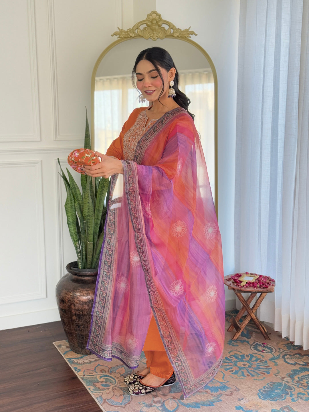 Orange Embroidered Rayon Kurta Set with Designer Dupatta for Women