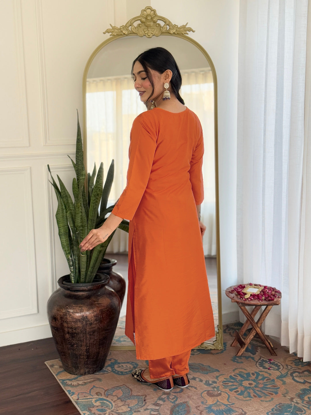 Orange Embroidered Rayon Kurta Set with Designer Dupatta for Women