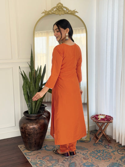 Orange Embroidered Rayon Kurta Set with Designer Dupatta for Women