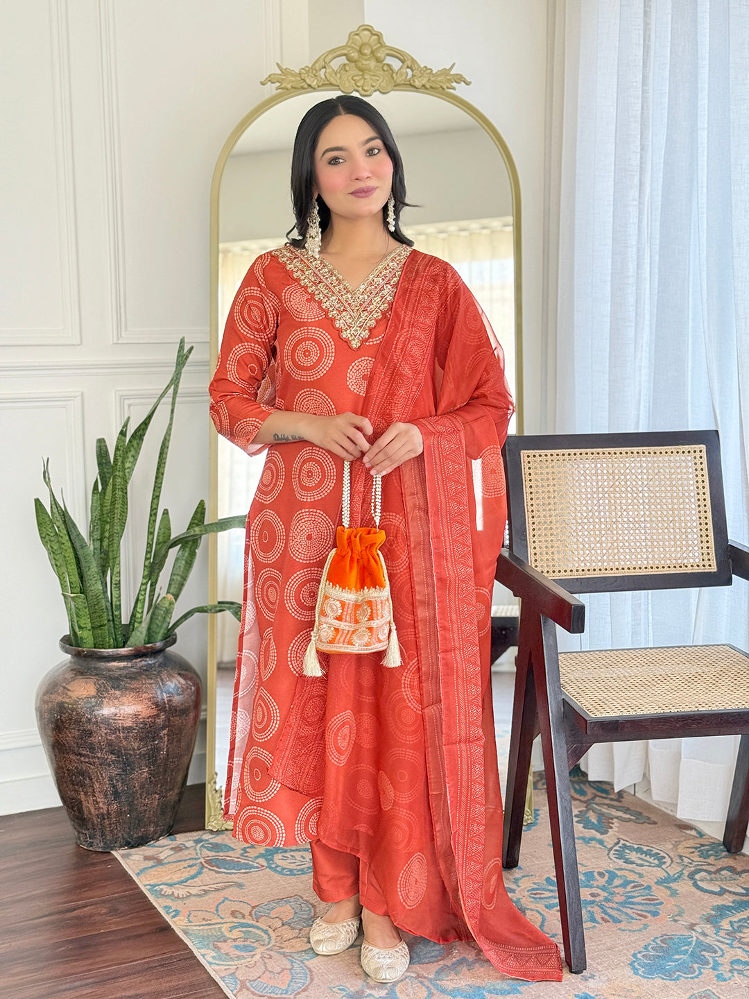 Rust Orange Embroidered Rayon Kurti Pant Dupatta for Women
