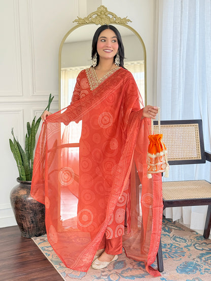 Rust Orange Embroidered Rayon Kurti Pant Dupatta for Women