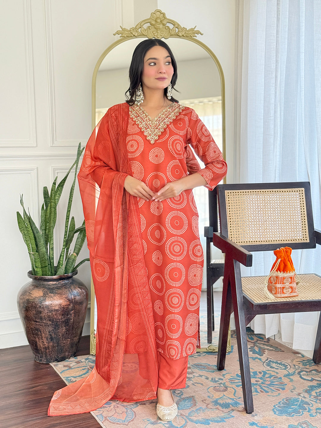 Rust Orange Embroidered Rayon Kurti Pant Dupatta for Women