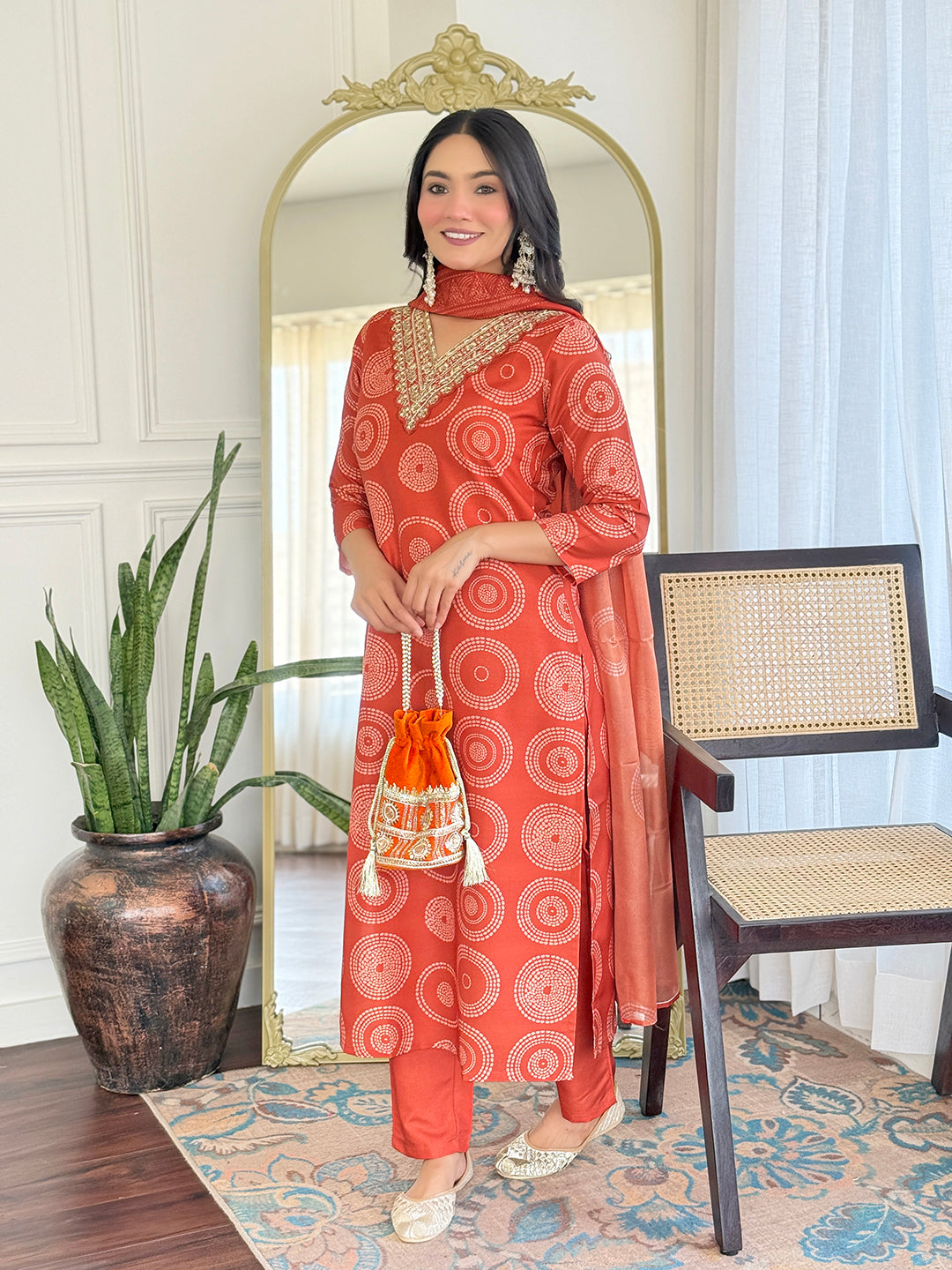 Rust Orange Embroidered Rayon Kurti Pant Dupatta for Women