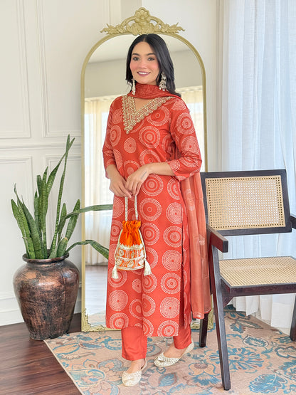 Rust Orange Embroidered Rayon Kurti Pant Dupatta for Women