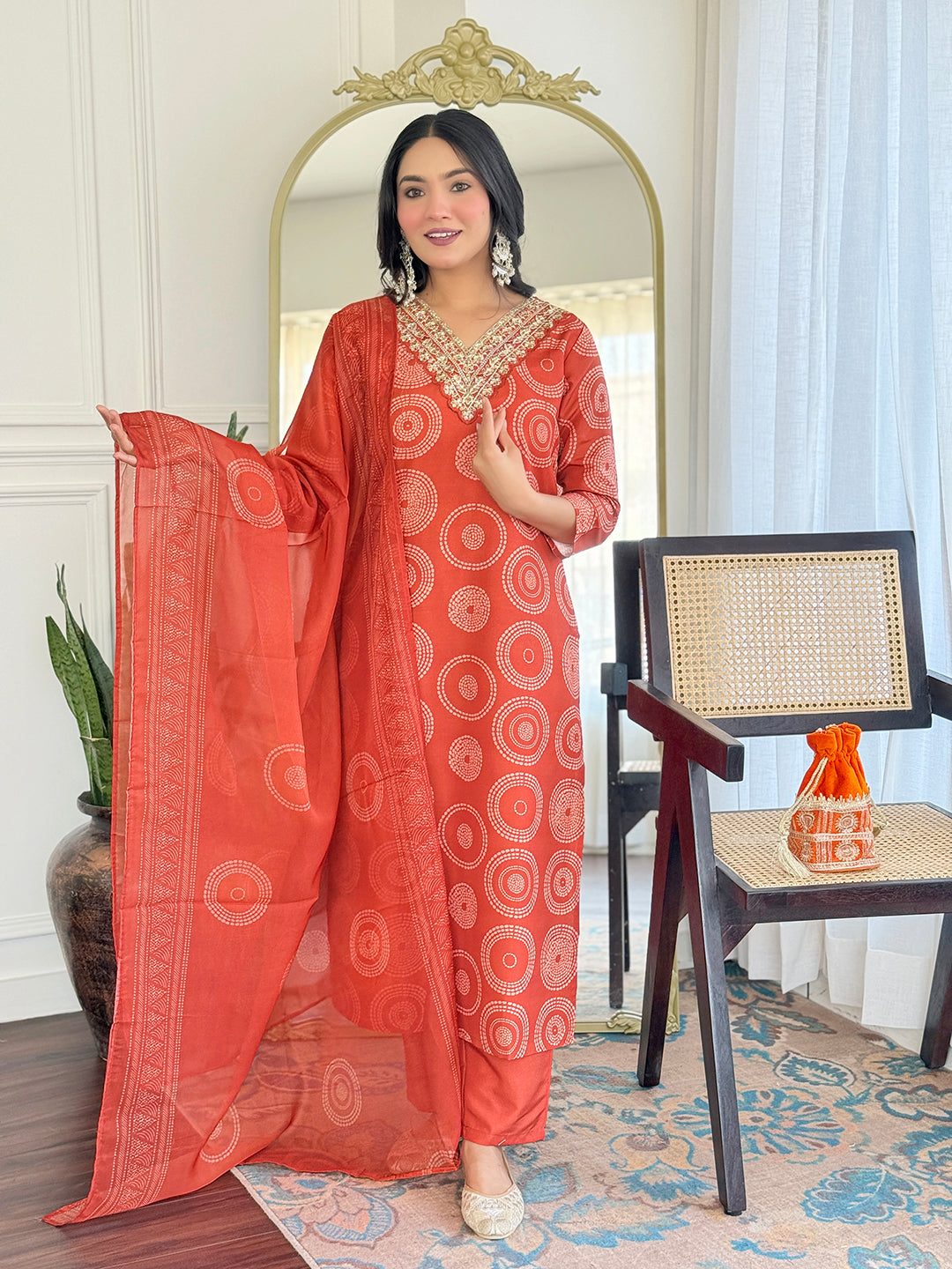 Rust Orange Embroidered Rayon Kurti Pant Dupatta for Women