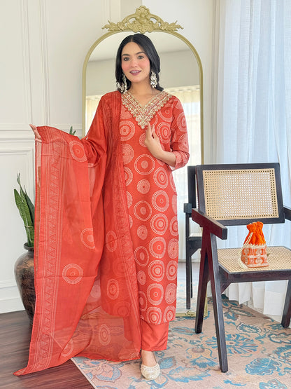Rust Orange Embroidered Rayon Kurti Pant Dupatta for Women