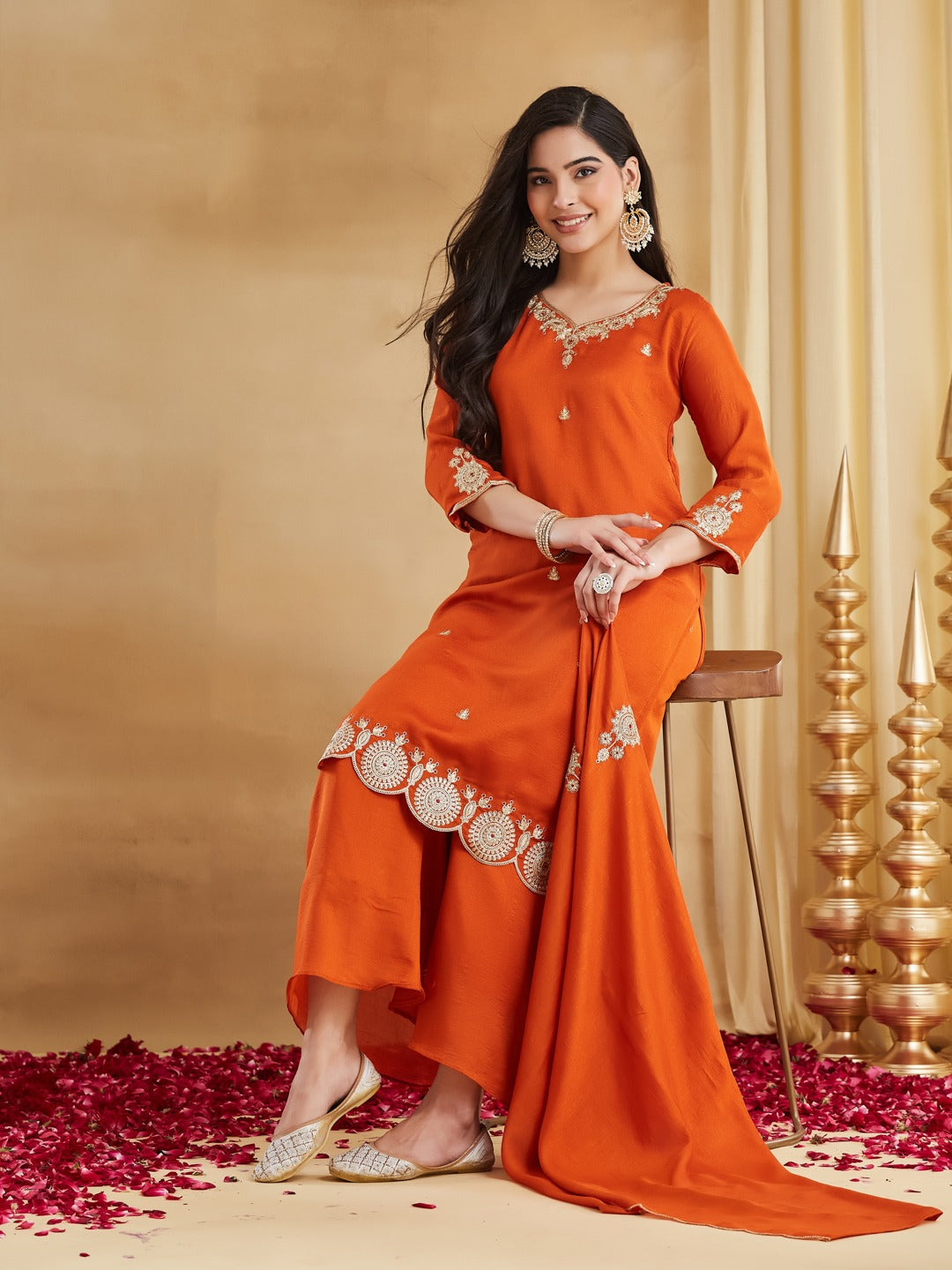 Orange Embroidered Vichitra Silk Kurti Set with Dupatta