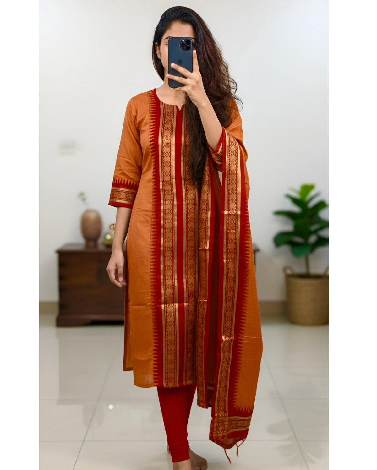 Orange Ethnic Kurti Dupatta Set with Jacquard Work for Women