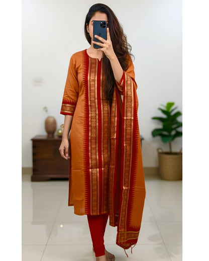Orange Ethnic Kurti Dupatta Set with Jacquard Work for Women