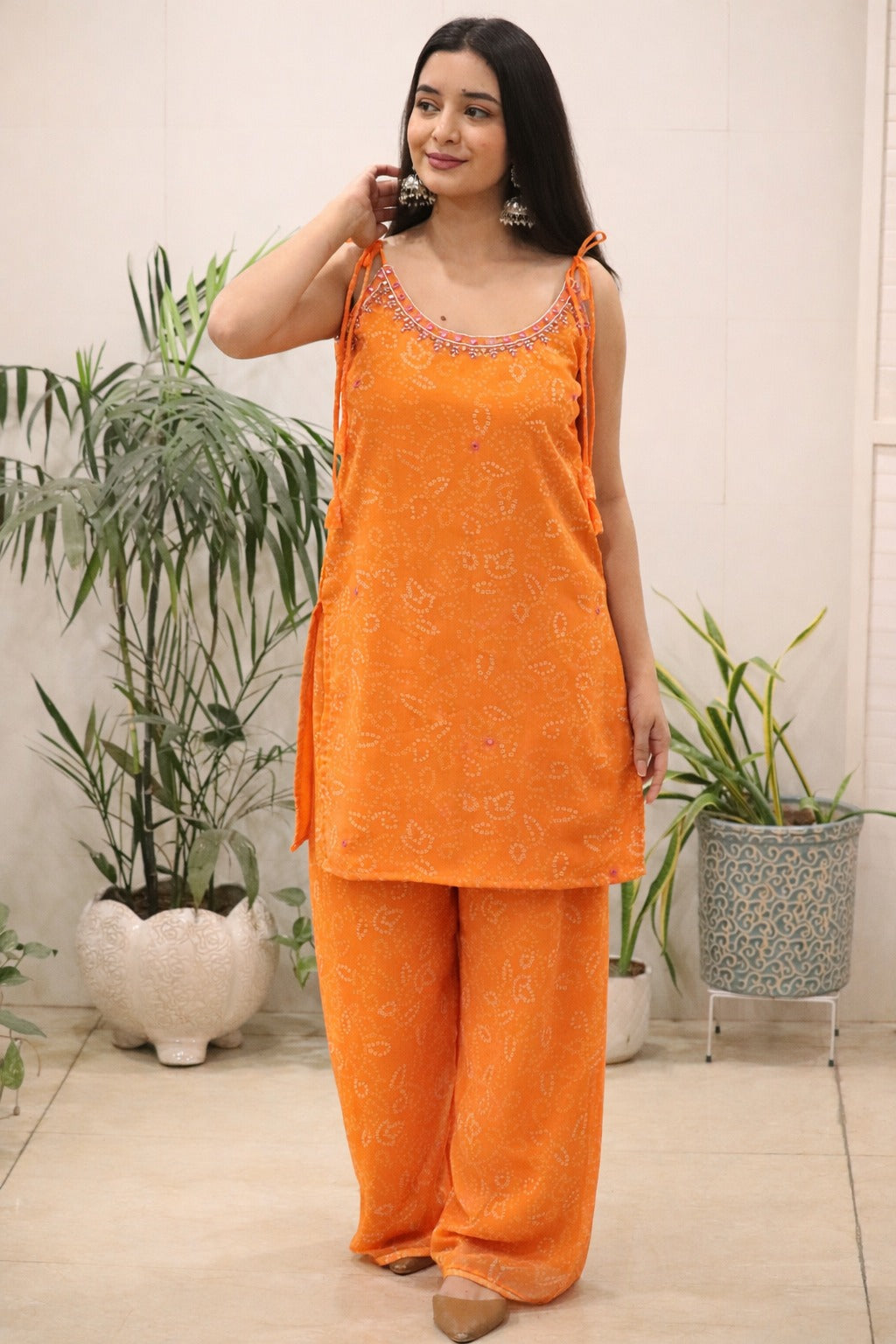 Orange Georgette Kurti Set with Mirror Work Detailing